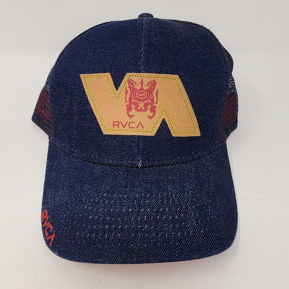 RVCA VA All The Way Denim Trucker Snapback Hat Cap Blue Red Logo OSFA Surf Skate